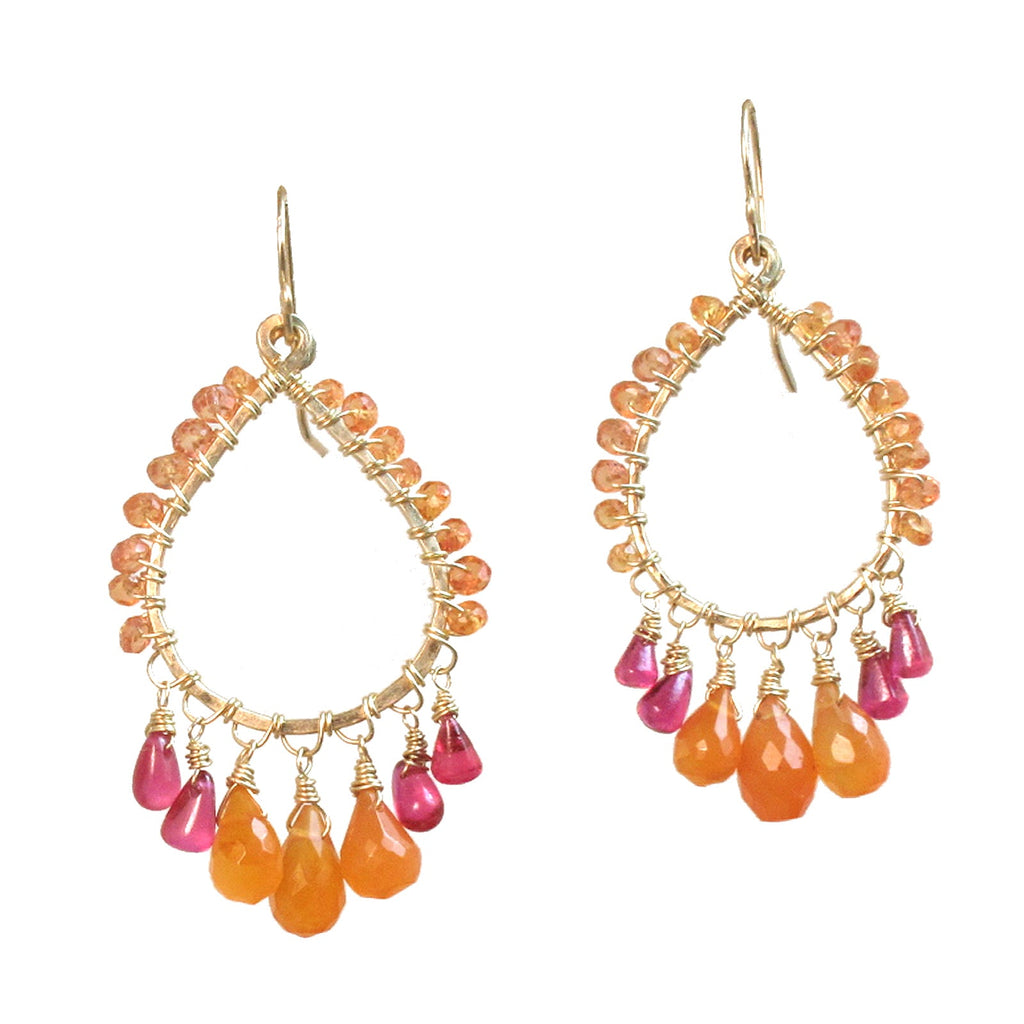 Hammered Drop Hoops with Sapphire, Ruby & Carnelian - ClickThatClicks 