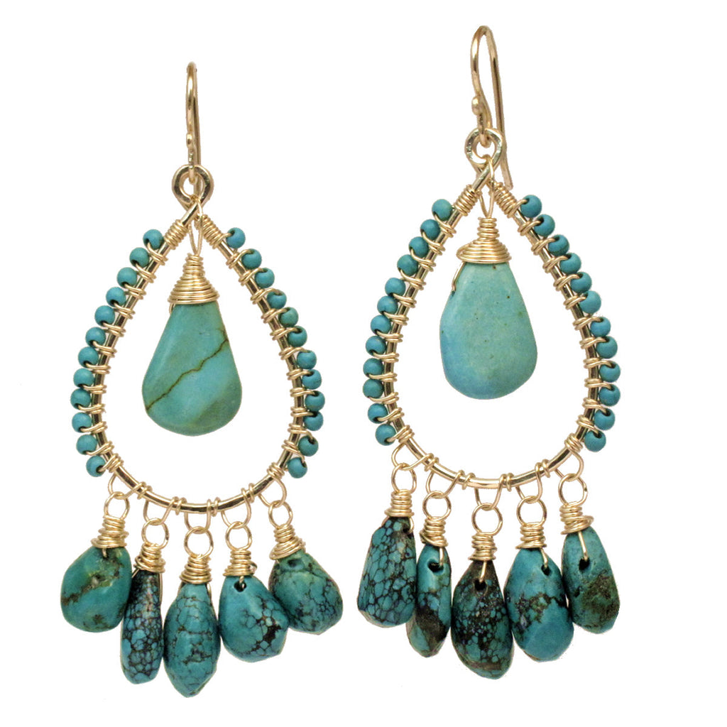 Hammered Drop Hoops Wrapped with Turquoise - ClickThatClicks 