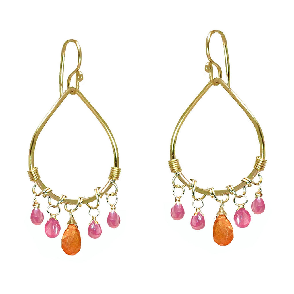 Hammered Drop Hoops with Pink Sapphire & Carnelian - ClickThatClicks 