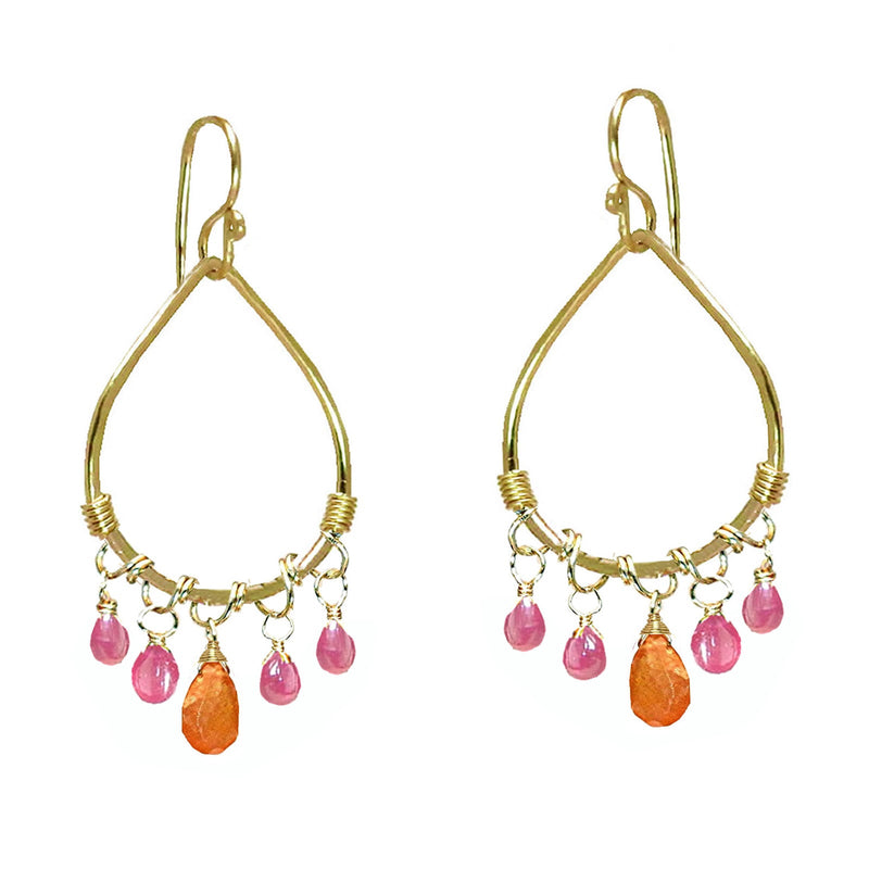 Hammered Drop Hoops with Pink Sapphire & Carnelian - ClickThatClicks 