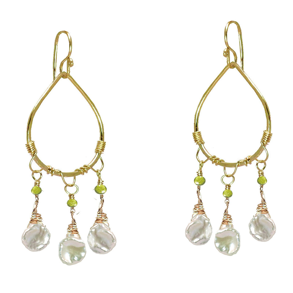 Hammered Drop Hoops with White Keshi Pearls - ClickThatClicks 