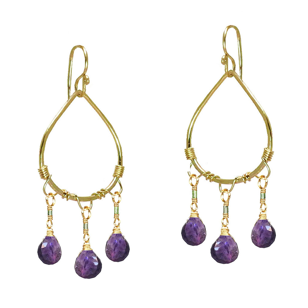 Hammered Drop Earrings with Tourmaline & Amethyst - ClickThatClicks 