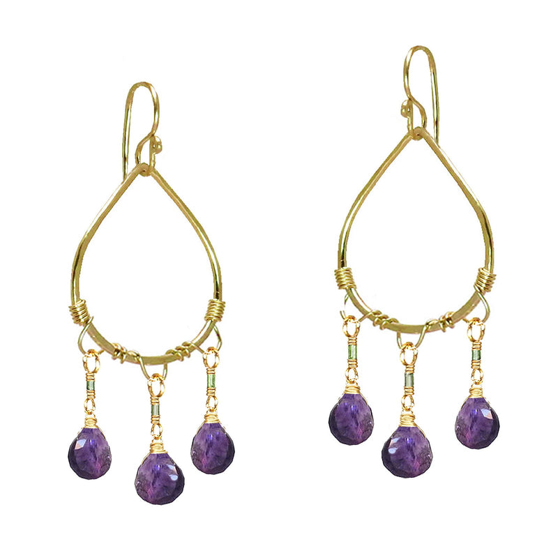 Hammered Drop Earrings with Tourmaline & Amethyst - ClickThatClicks 