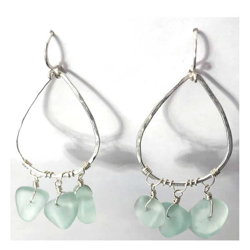 Hammered Drop Earrings with Aqua Blue Sea Glass - ClickThatClicks 