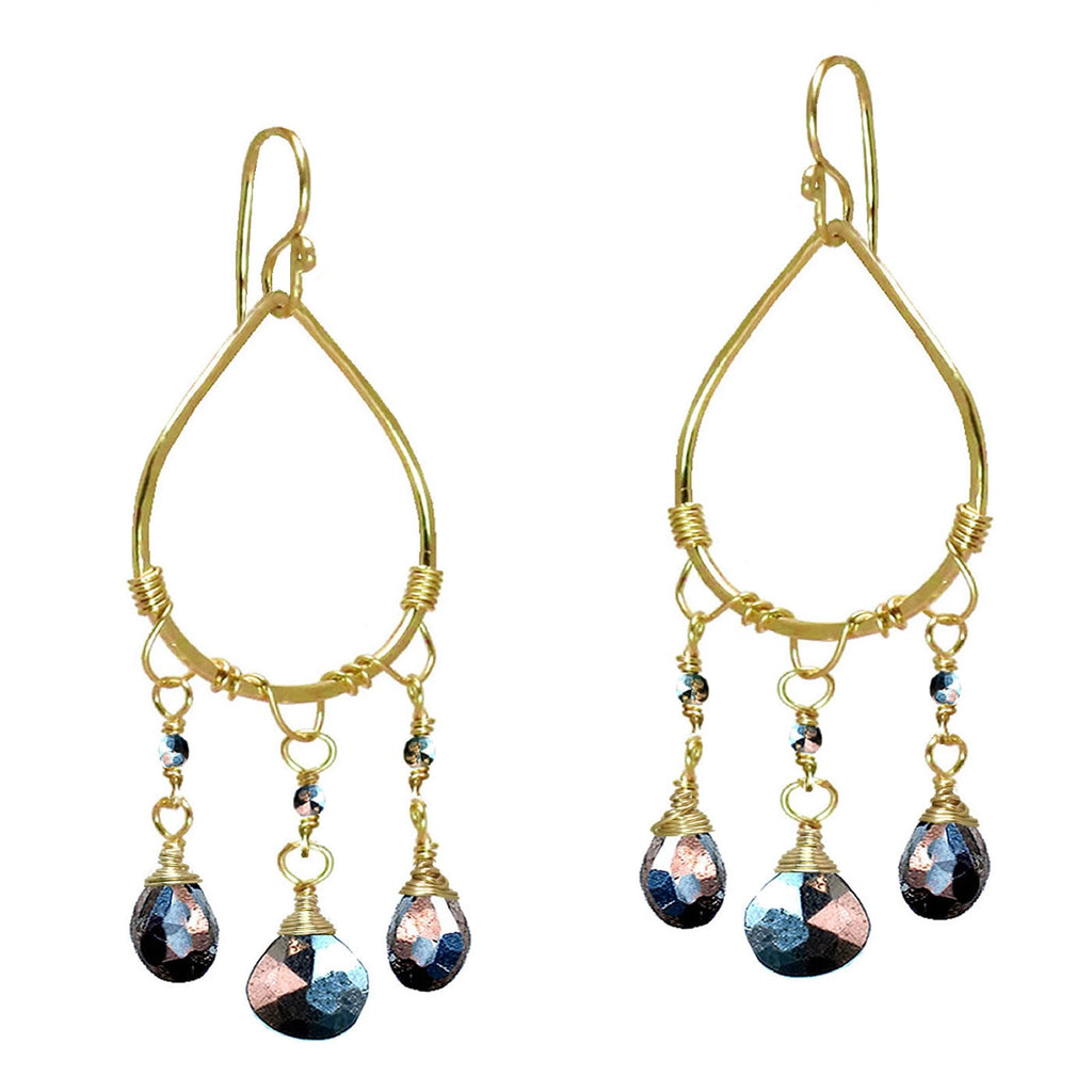 Hammered Drop Earrings with Black Pyrite Stone - ClickThatClicks 