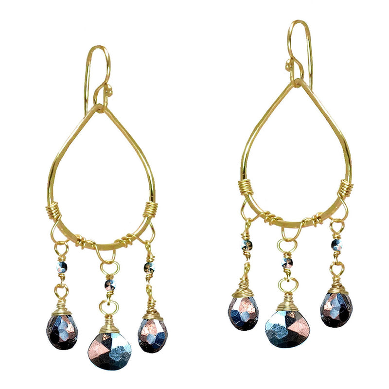 Hammered Drop Earrings with Black Pyrite Stone - ClickThatClicks 