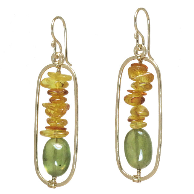 Hammered Oval Rectangle Earrings with Amber & Peridot - ClickThatClicks 