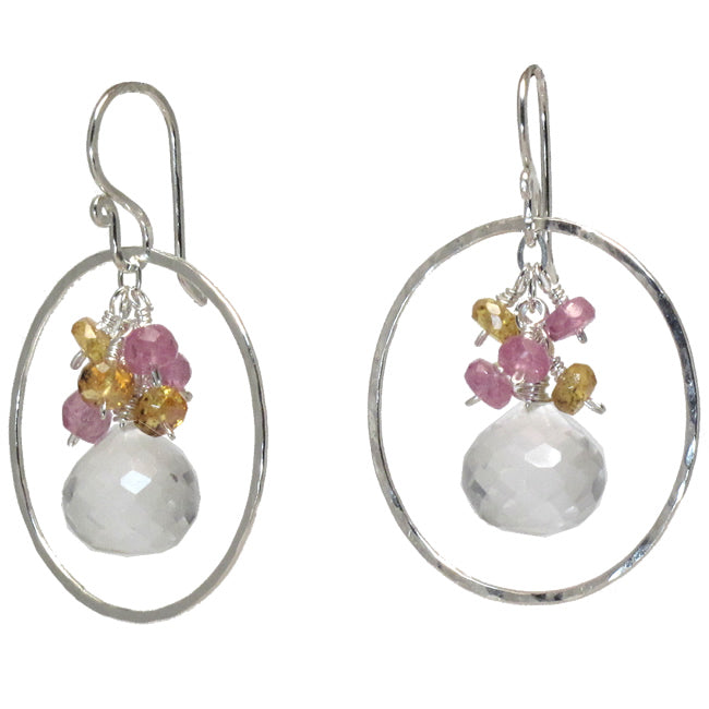 Hammered Circle Earrings with Garnet, Ruby & Quartz - ClickThatClicks 