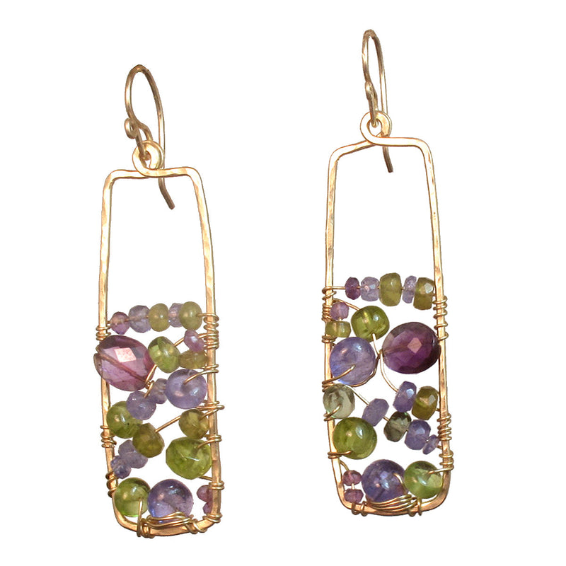 Hammered Rectangle Earrings with Tanzanite, Peridot & Amethyst - ClickThatClicks 