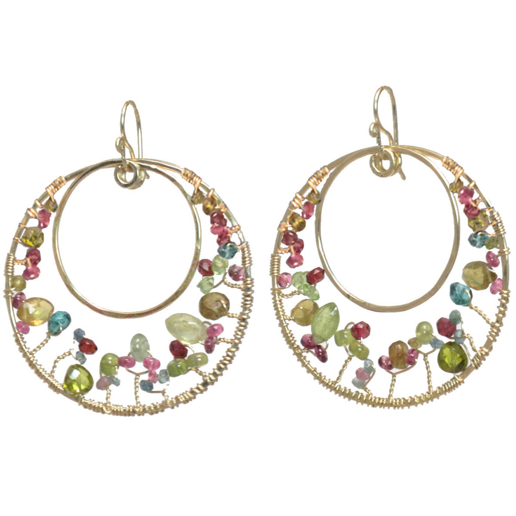 Hammered Circle Earrings with Peridot, Ruby & Mandarin Garnet - ClickThatClicks 