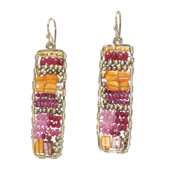 Hammered Rectangle Earrings with Ruby, Carnelian & Pearls - ClickThatClicks 