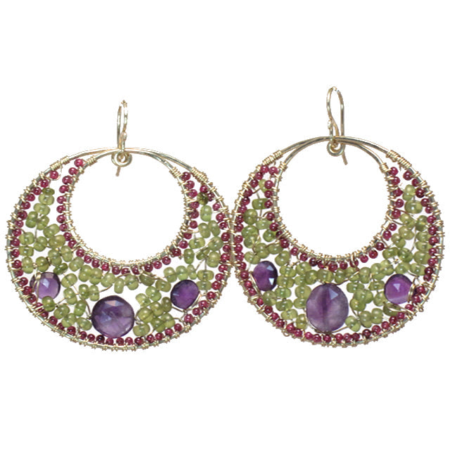 Hammered Circle Earrings with Garnet, Vessonite & Amethyst - ClickThatClicks 