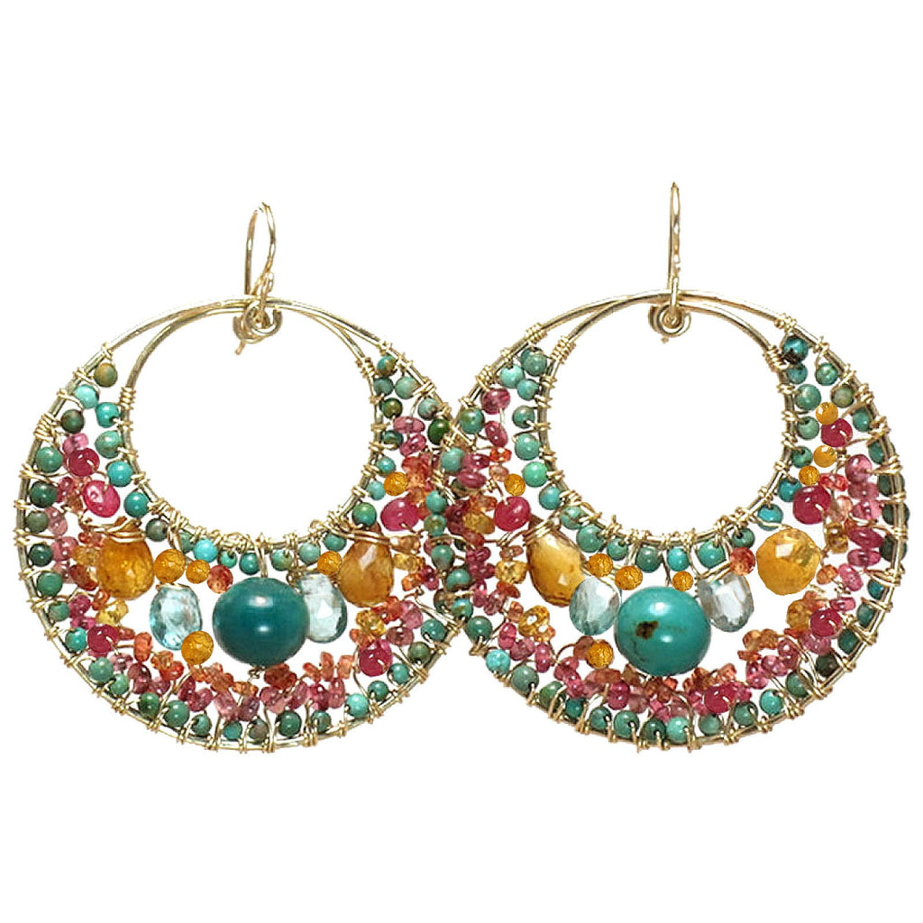 Hammered Circle Earrings with Ruby, Garnet & Turquoise - ClickThatClicks 