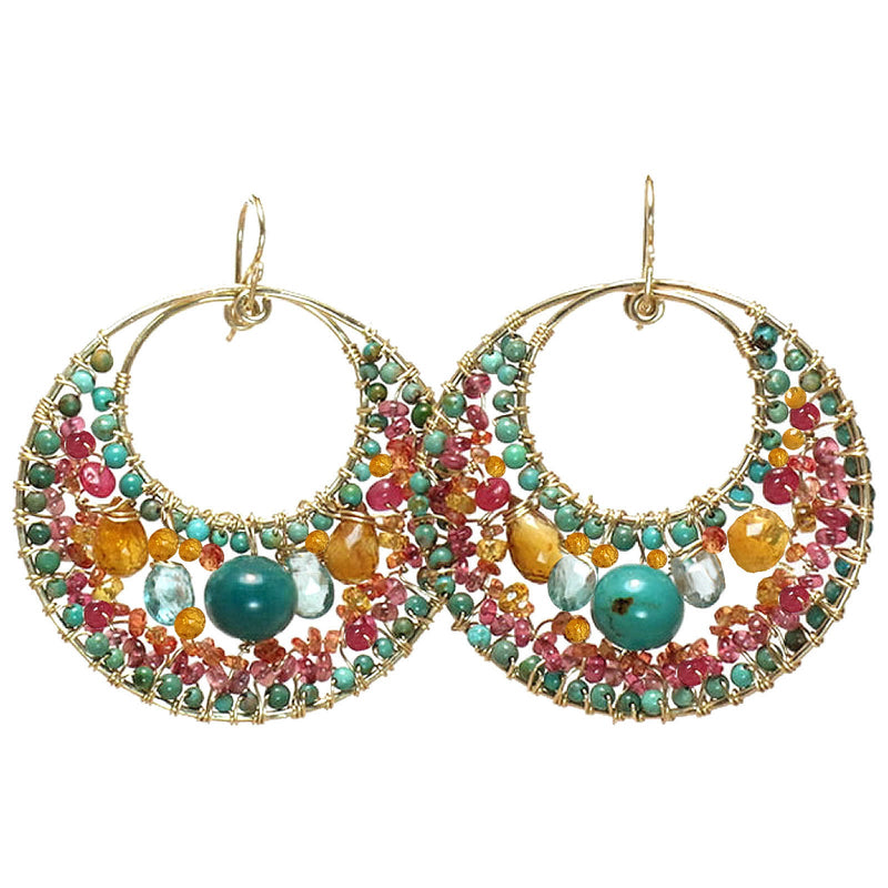 Hammered Circle Earrings with Ruby, Garnet & Turquoise - ClickThatClicks 