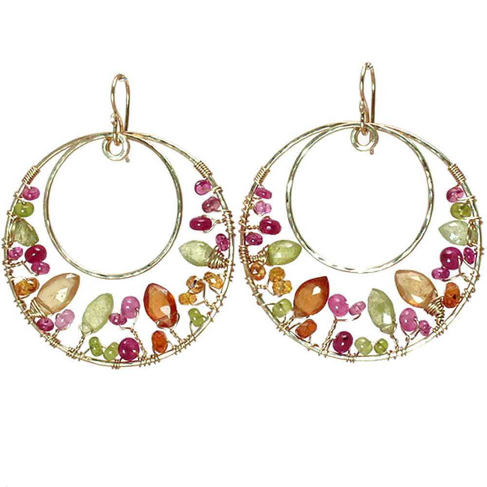 Hammered Circle Earrings with Tourmaline, Ruby & Prehnite - ClickThatClicks 