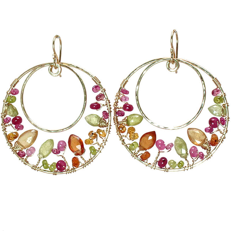 Hammered Circle Earrings with Tourmaline, Ruby & Prehnite - ClickThatClicks 
