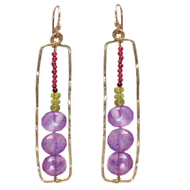 Hammered Rectangle Earrings with Garnet, Idocrase & Amethyst - ClickThatClicks 