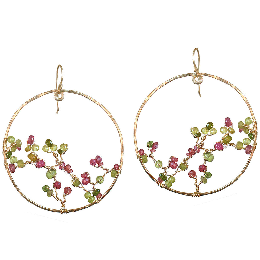 Hammered Circle Earrings with Peridot, Tsavorite & Pink Ruby - ClickThatClicks 