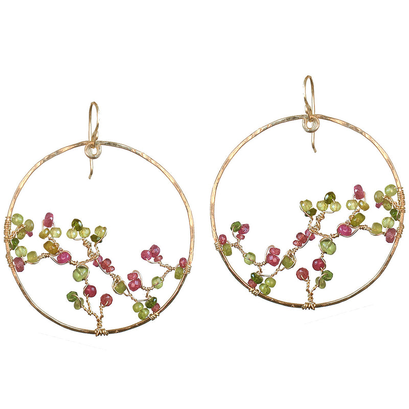 Hammered Circle Earrings with Peridot, Tsavorite & Pink Ruby - ClickThatClicks 