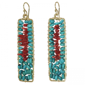 Hammered Rectangles with Turquoise & Red Coral Earrings - ClickThatClicks 