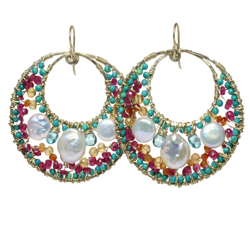Hammered Circles with Pearl, Turquoise & Ruby Earrings - ClickThatClicks 