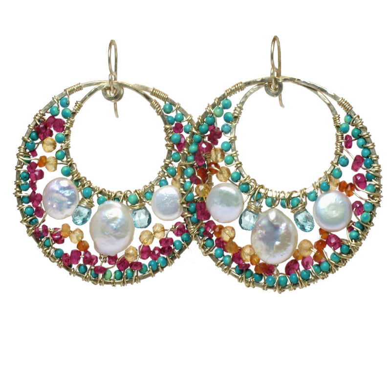 Hammered Circles with Pearl, Turquoise & Ruby Earrings - ClickThatClicks 
