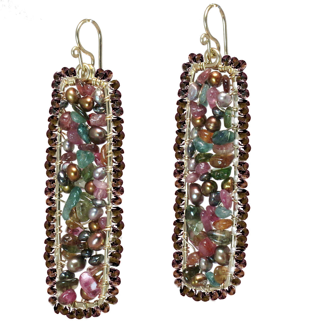 Hammered Rectangles with Pearl, Tourmaline & Peridot Earrings - ClickThatClicks 