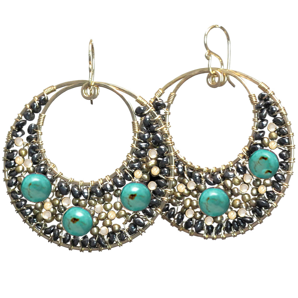 Hammered Circles with Black Spinel, Pearls & Turquoise Earrings - ClickThatClicks 