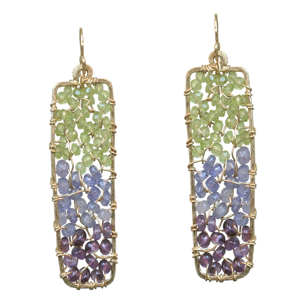 Hammered Rectangles with Peridot, Tanzanite & Amethyst Earrings - ClickThatClicks 