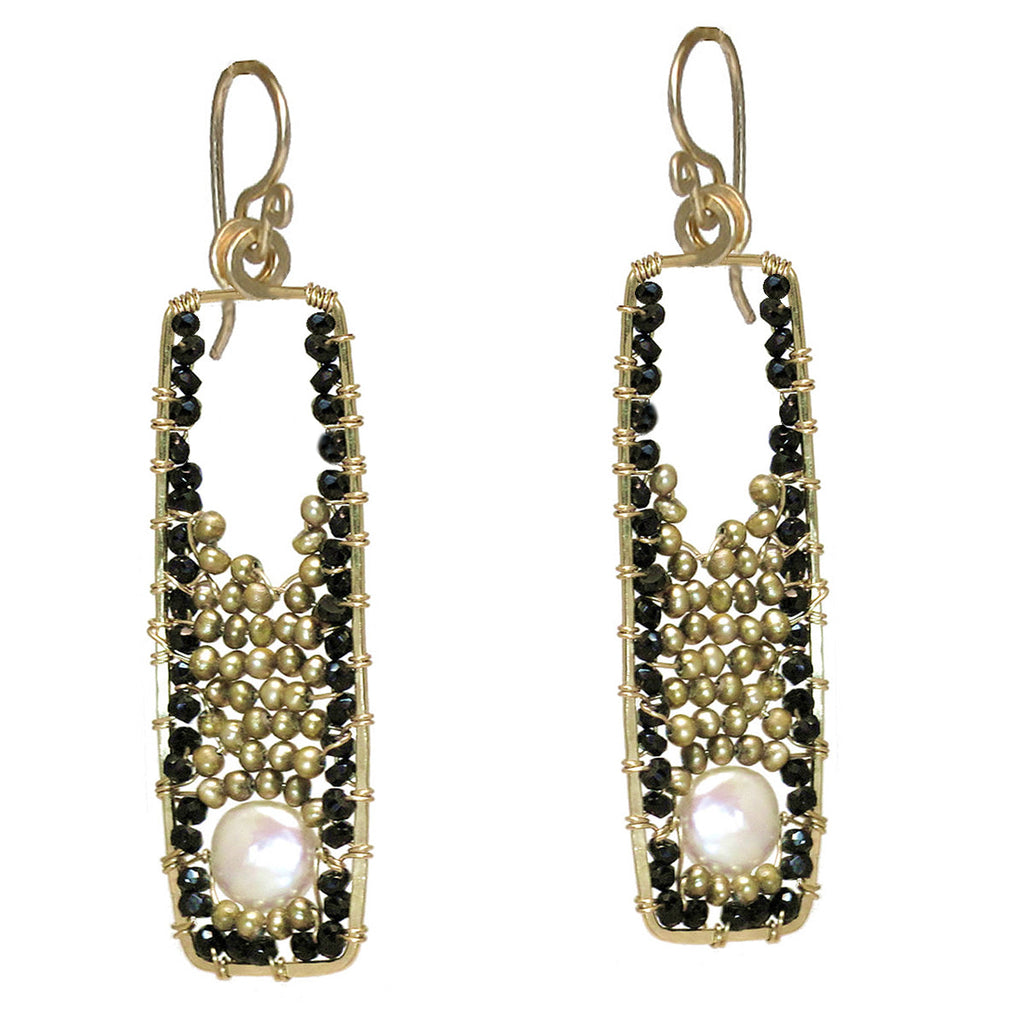 Hammered Rectangles with Black Spinel & Pearl Earrings - ClickThatClicks 