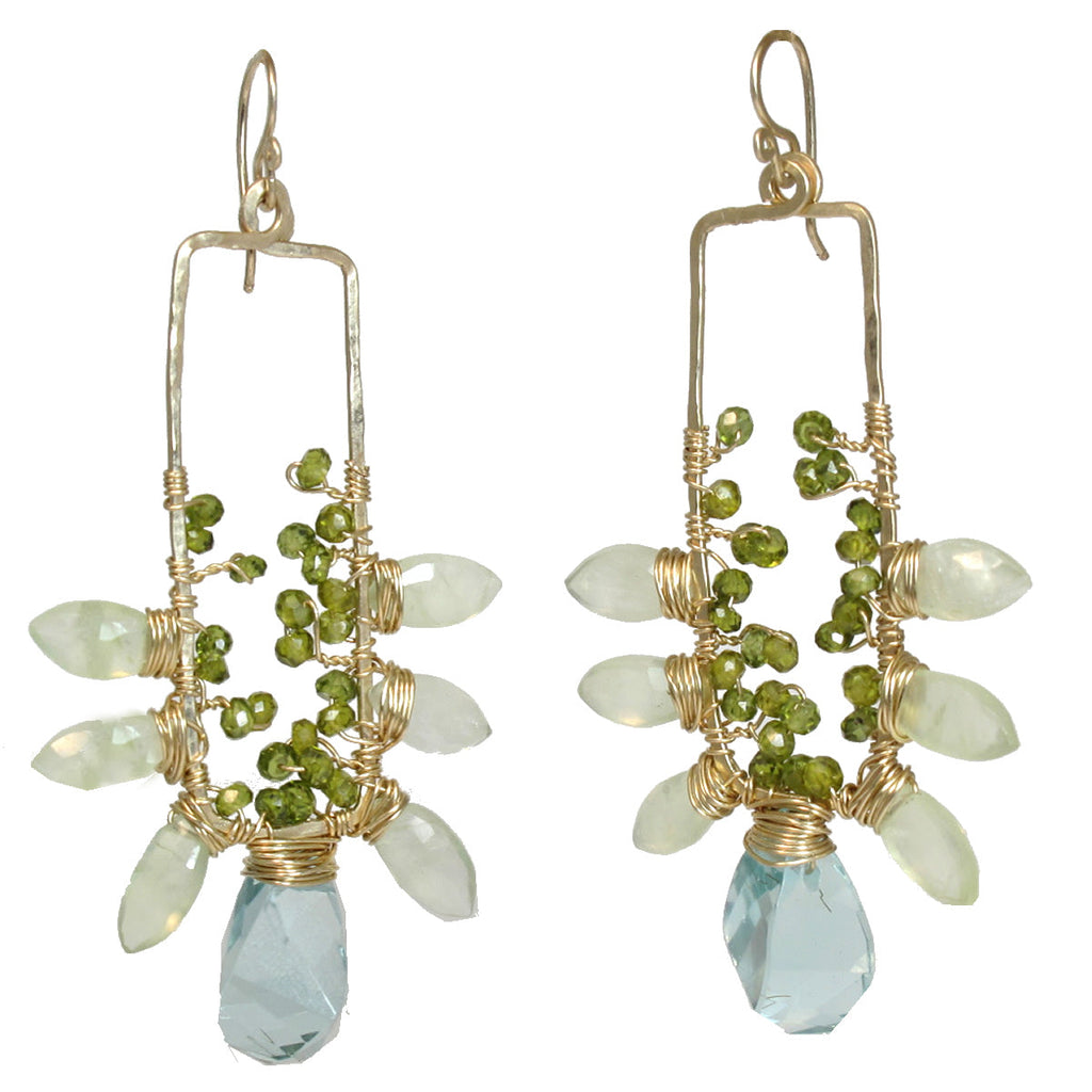 Hammered Rectangles with Peridot, Prehnite & Aquamarine Crystal Earrings - ClickThatClicks 