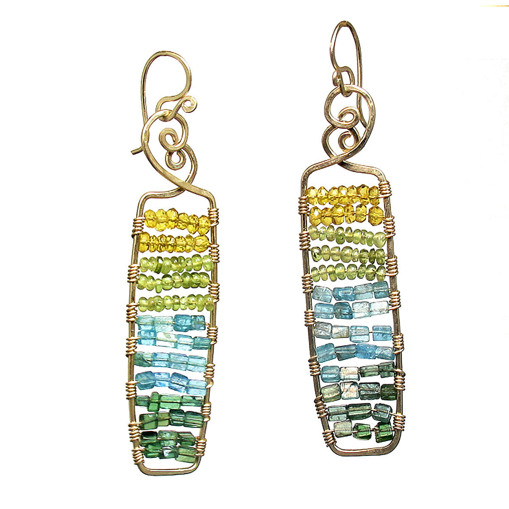 Hammered Rectangles with Mandarin Garnet, Peridot & Apatite Earrings - ClickThatClicks 