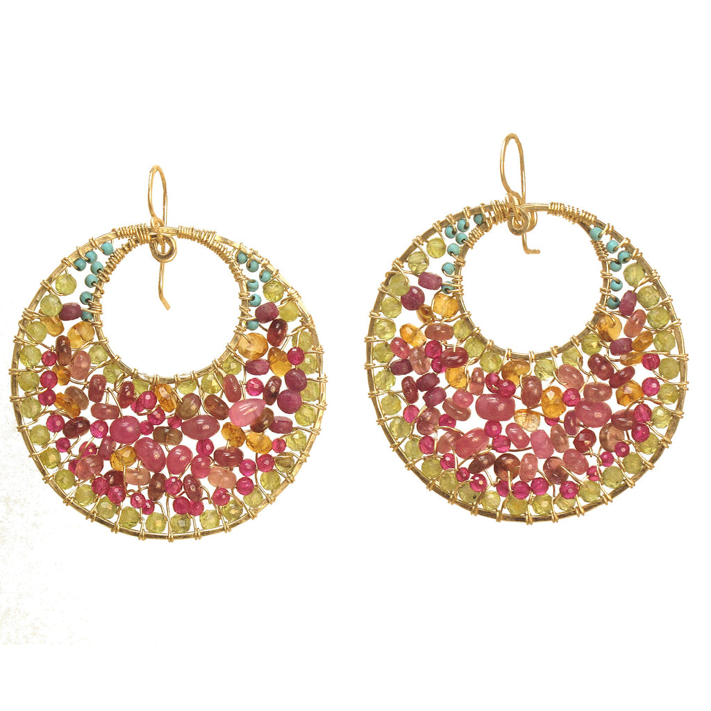 Hammered Double-Circle with Ruby, Garnet & Turquoise - ClickThatClicks 