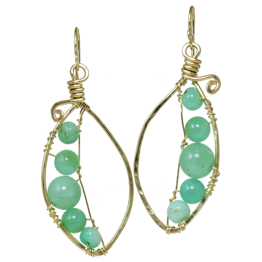 Hammered Pea Pod Earrings with Chrysoprase - ClickThatClicks 