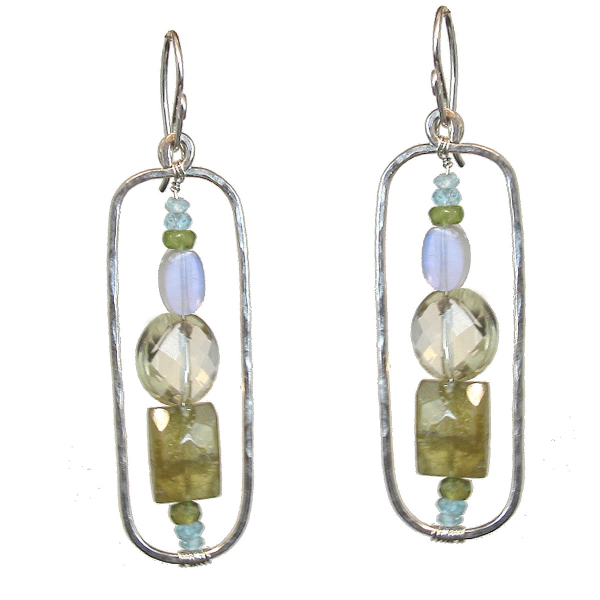 Hammered Rectangle Earrings with Apatite, Peridot & Moonstone - ClickThatClicks 