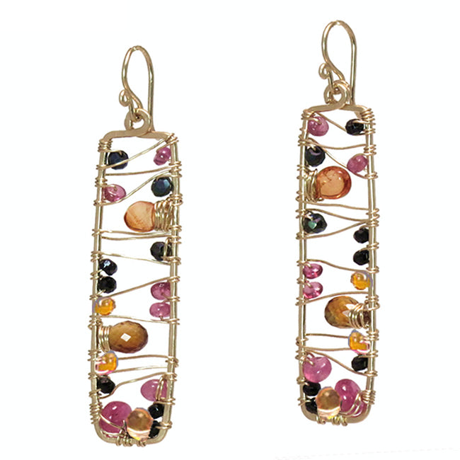 Hammered Rectangle Earrings with Ruby, Citrine & Mandarin Garnet - ClickThatClicks 