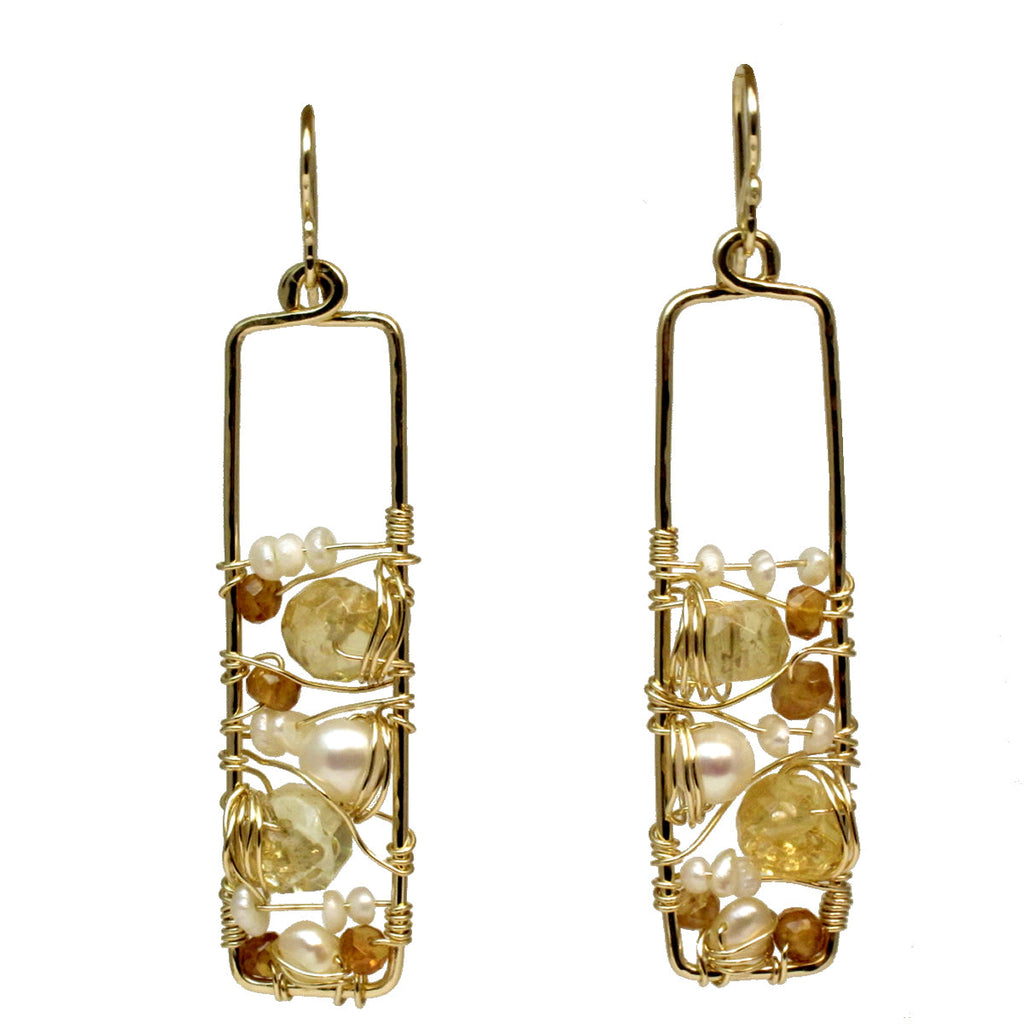 Ivory Pearl & Citrine Wrapped Rectangle Earrings - ClickThatClicks 