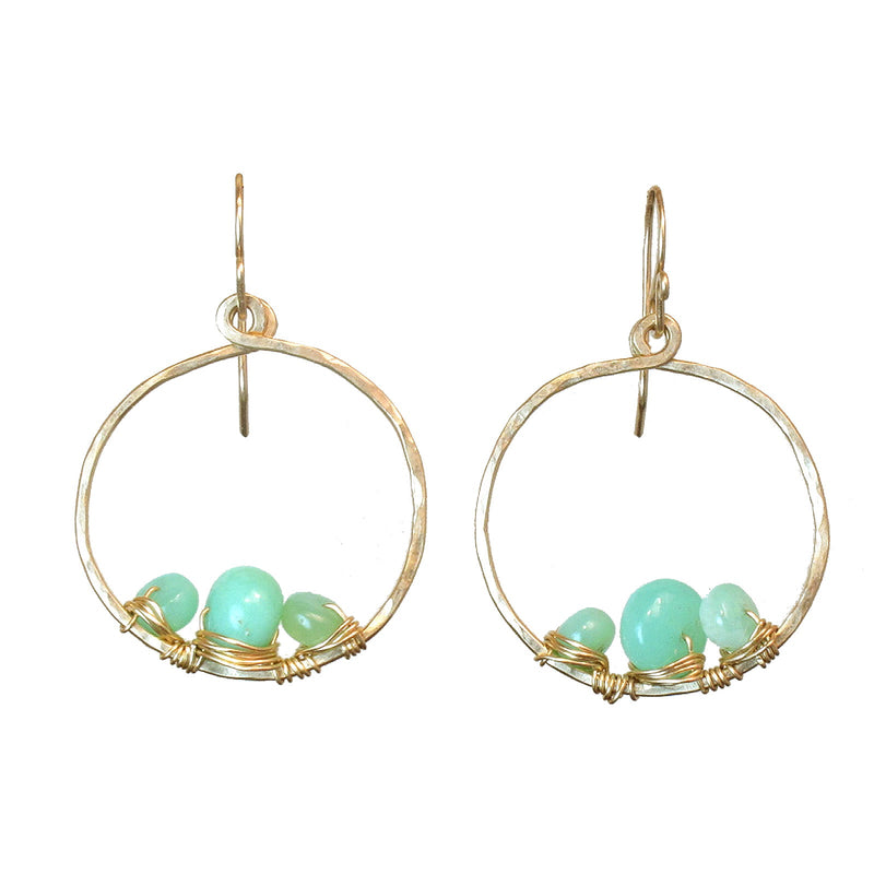 Chrysoprase Wrapped Hammered Circle Earrings - ClickThatClicks 