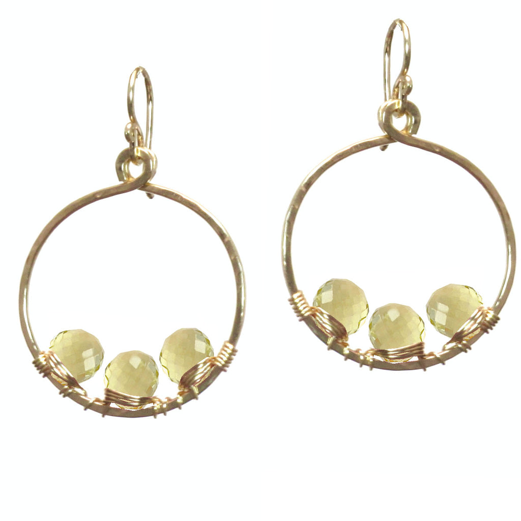 Lemon Quartz Wrapped Hammered Circle Earrings - ClickThatClicks 