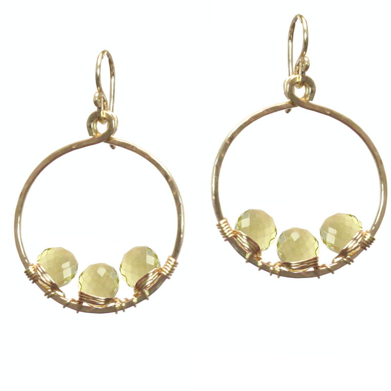 Lemon Quartz Wrapped Hammered Circle Earrings - ClickThatClicks 