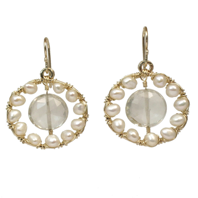 Pearl & Green Amethyst Wrapped Hammered Circle Earrings - ClickThatClicks 