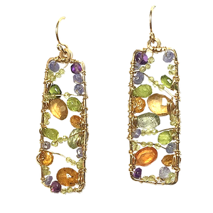 Hammered Rectangle Earrings with Amethyst & Multi-Gemstones - ClickThatClicks 