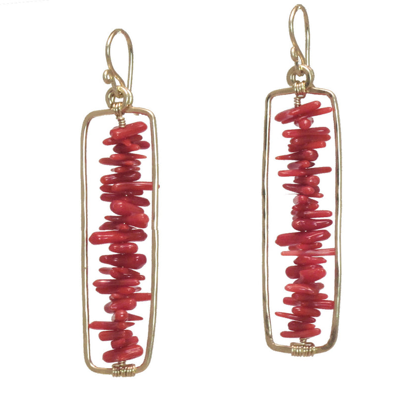 Hammered Rectangle Earrings with Red Coral - ClickThatClicks 