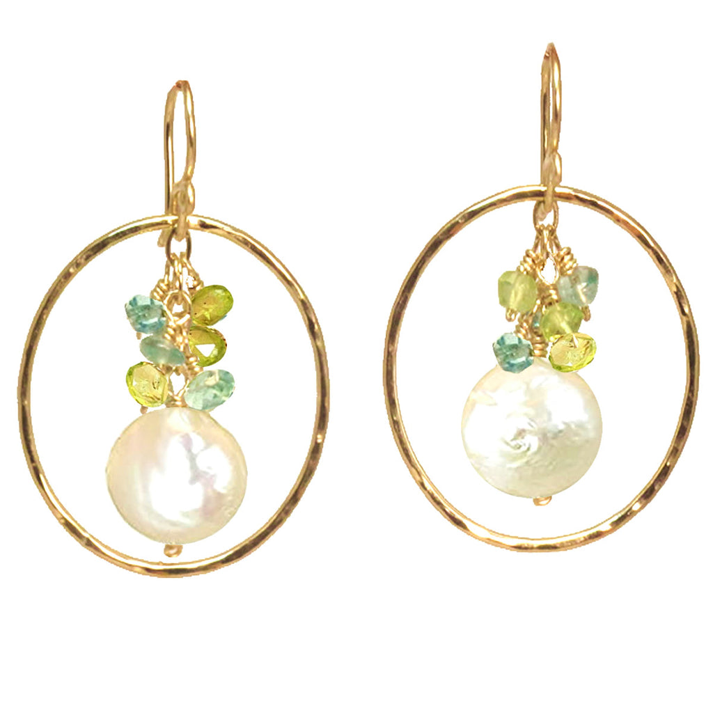 Hammered Circle Earrings with Peridot, Apatite & Ivory Pearl - ClickThatClicks 