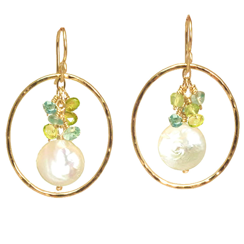 Hammered Circle Earrings with Peridot, Apatite & Ivory Pearl - ClickThatClicks 