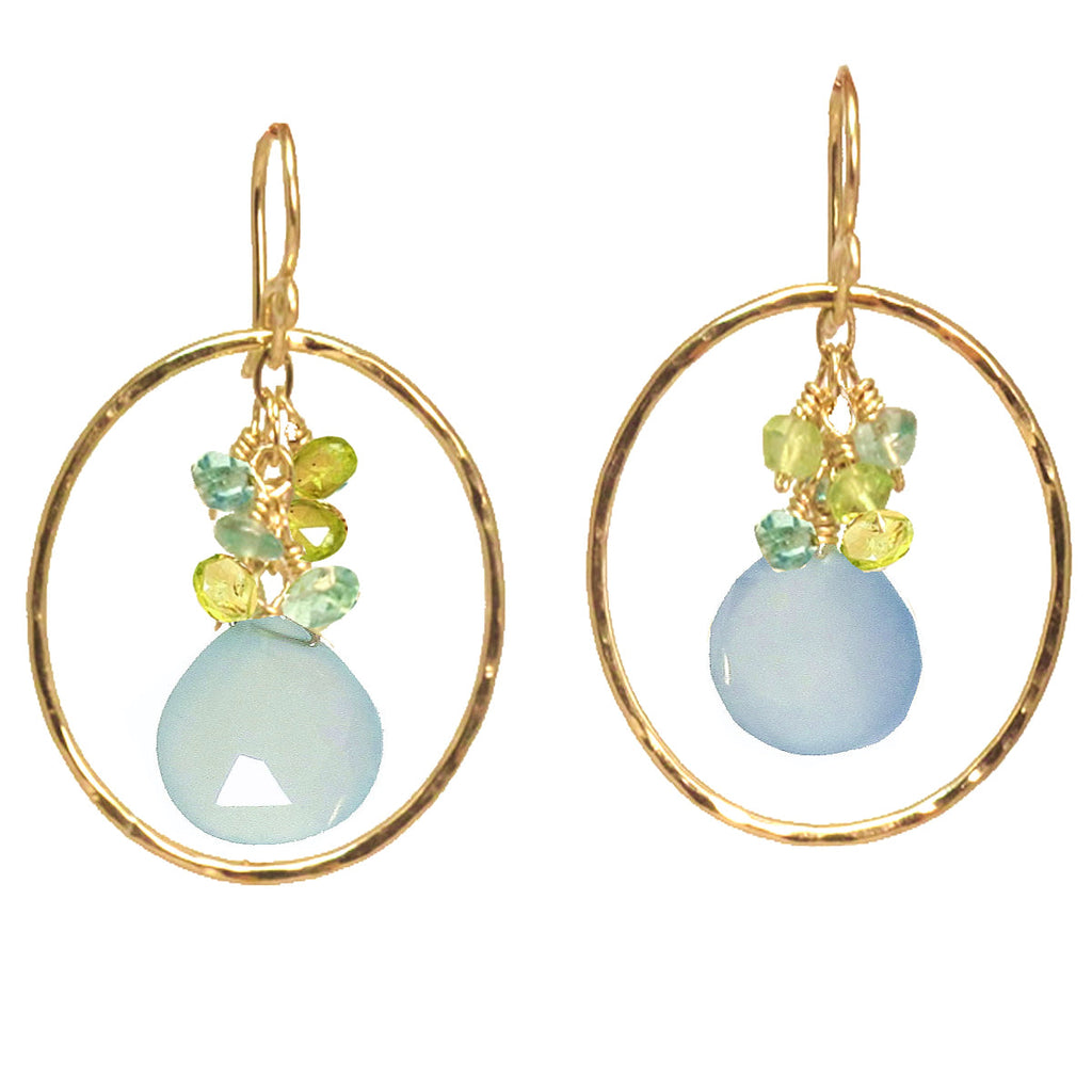 Hammered Circle Earrings with Peridot, Apatite & Sea Blue Chalcedony - ClickThatClicks 