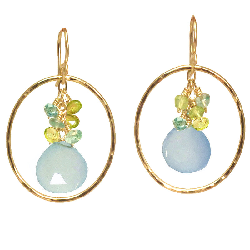 Hammered Circle Earrings with Peridot, Apatite & Sea Blue Chalcedony - ClickThatClicks 