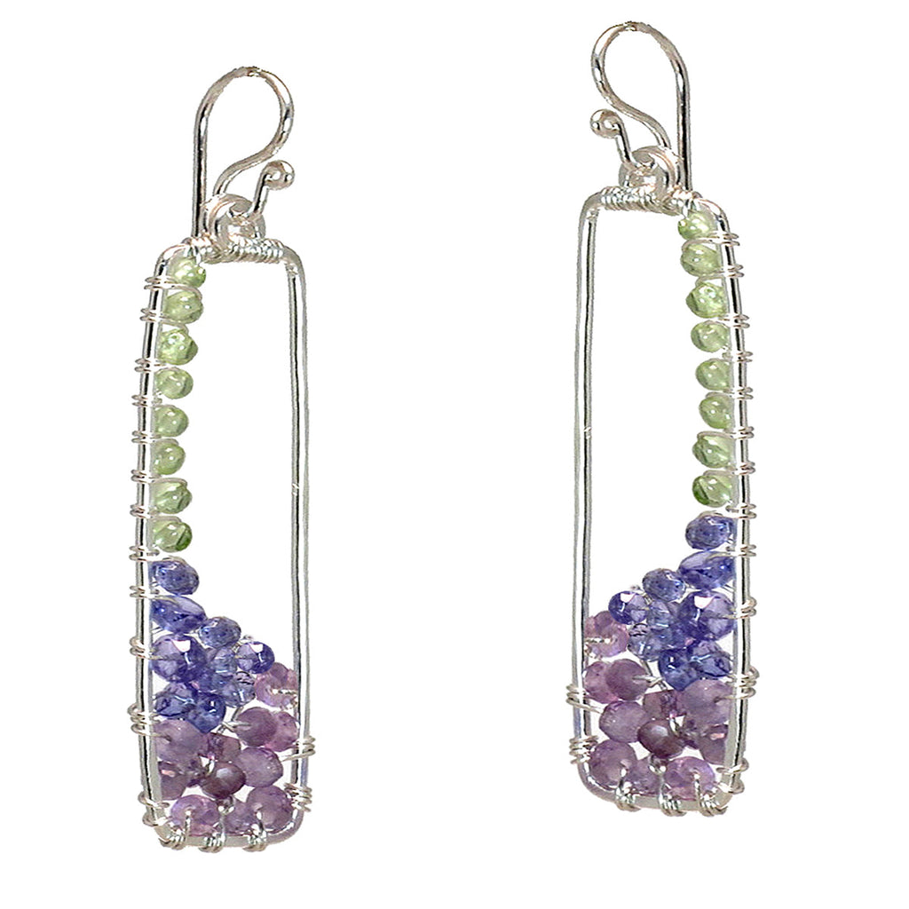 Hammered Rectangle Earrings with Peridot, Tanzanite & Amethyst - ClickThatClicks 