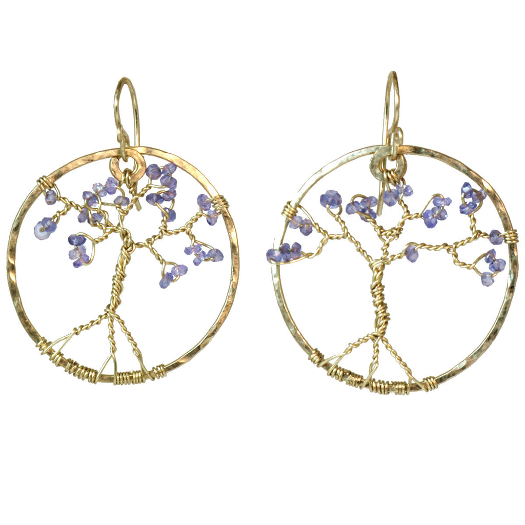 Hammered Circle Earrings with Tanzanite Tree Design - ClickThatClicks 