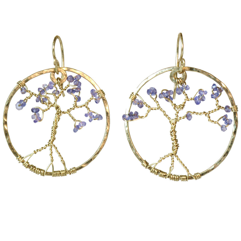 Hammered Circle Earrings with Tanzanite Tree Design - ClickThatClicks 
